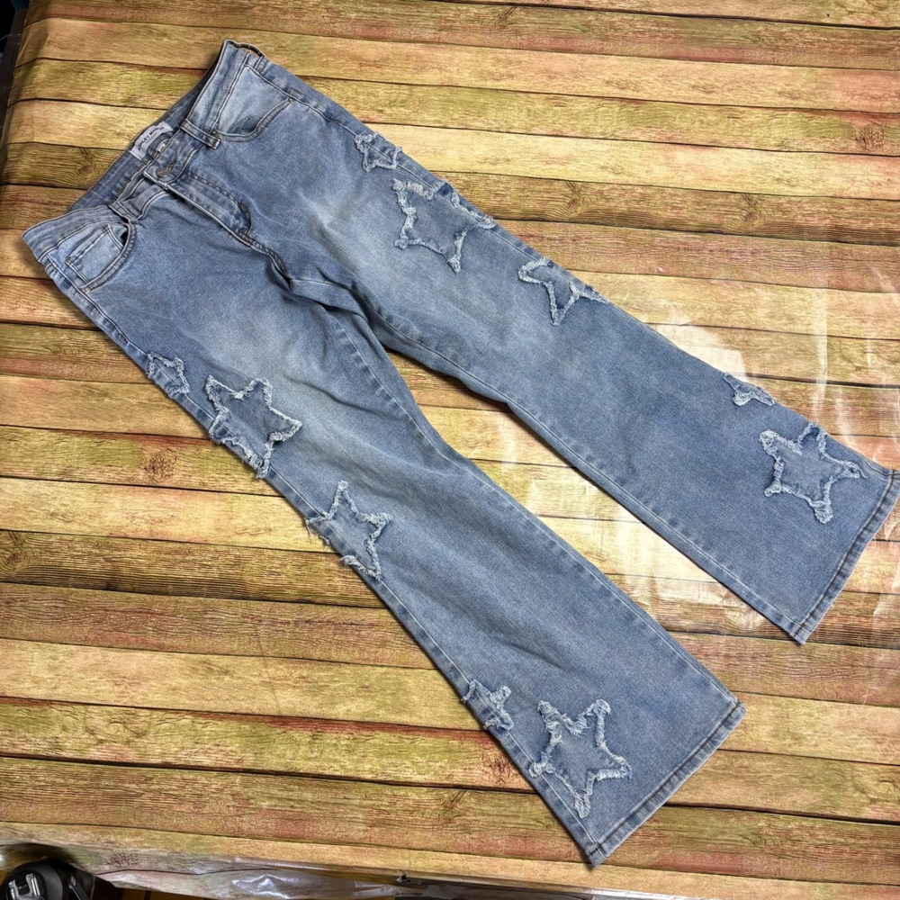 Ashley Mason Premium Star Patchwork Flare Jeans Light Wash Denim Size 7/28